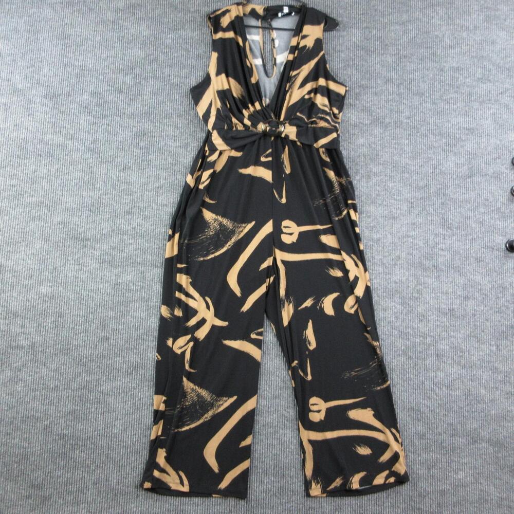 Gilli Jumpsuit Womens 1X Black Tan Geometric V-Neck Sleeveless Buckle 32x27*